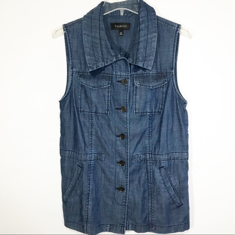 Talbots Blue Chambray Linen Blend Sleeveless Button Vest XS NWT Safari Pockets - Picture 10 of 10